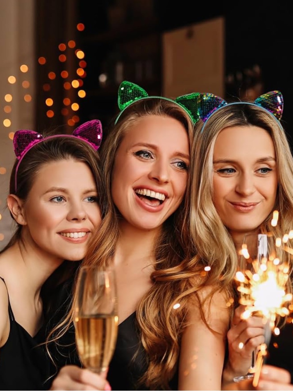 6-Pack Halloween Cat Ears Headbands - Glitter Sequin Hair Hoops in 6 Colors,